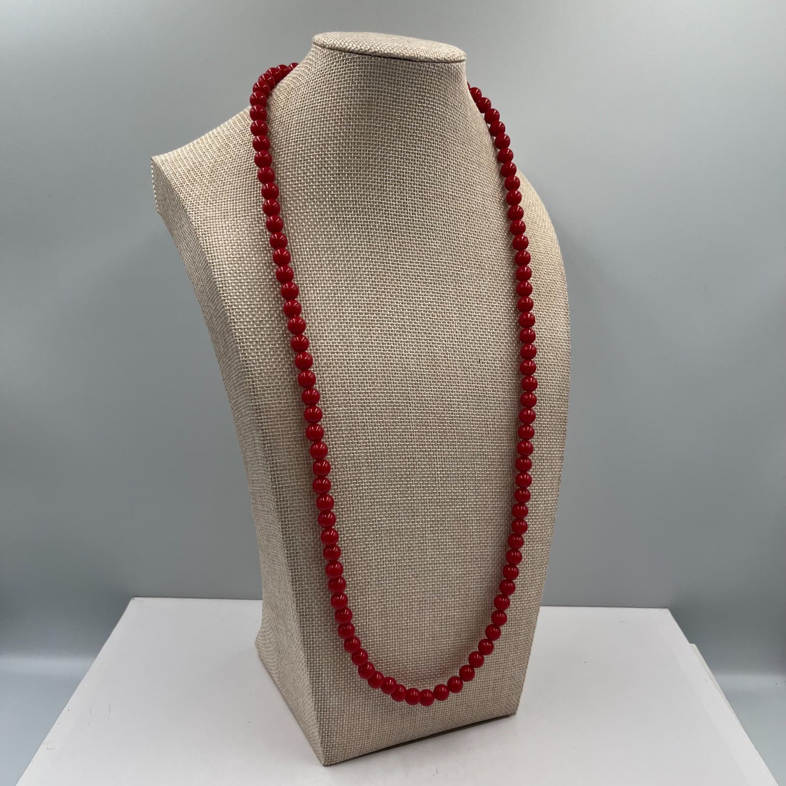 Vintage Red Bead Necklace Single Strand 30" Opera Length Bold Statement Jewelry - Thumbnail 4