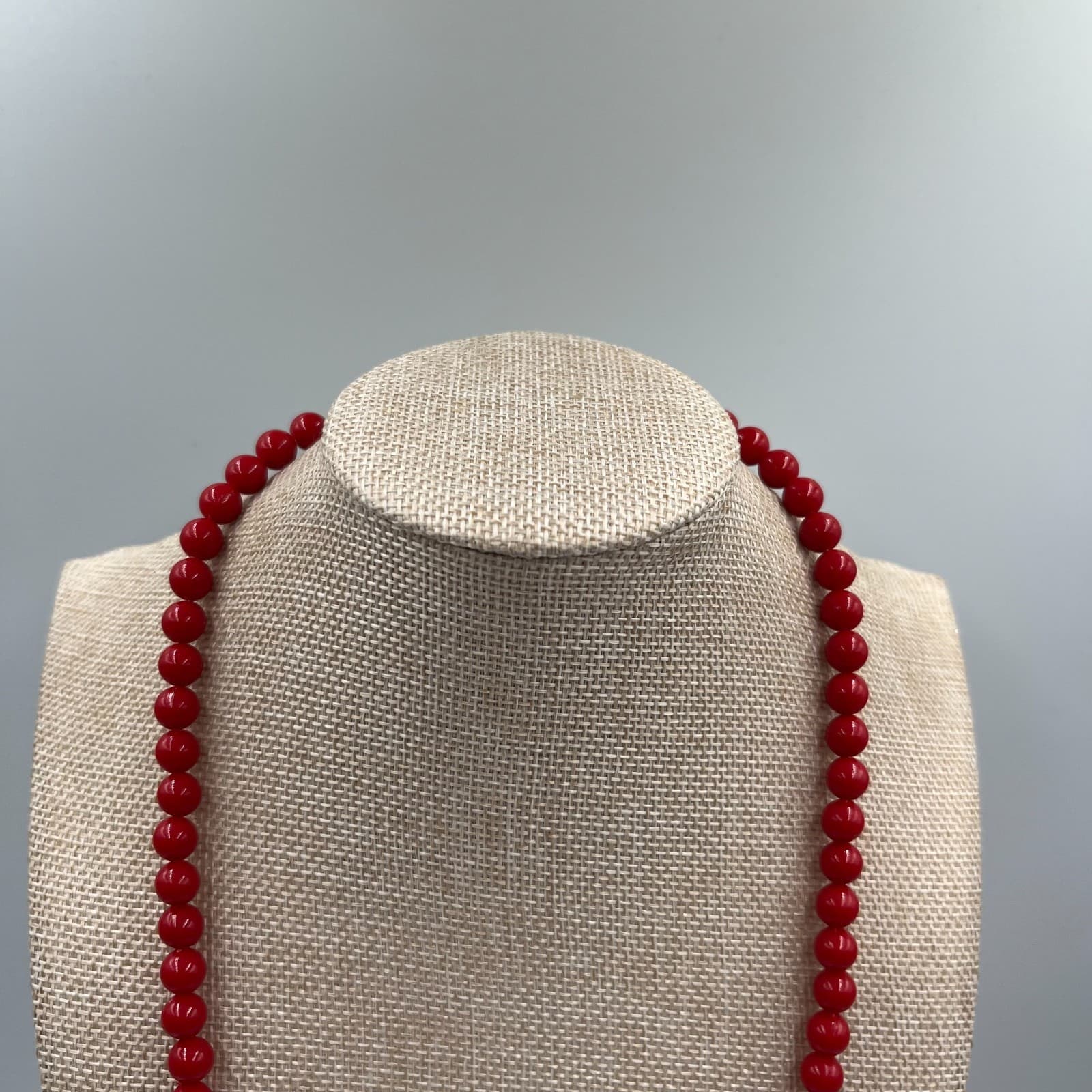 Vintage Red Bead Necklace Single Strand 30" Opera Length Bold Statement Jewelry - Thumbnail 2