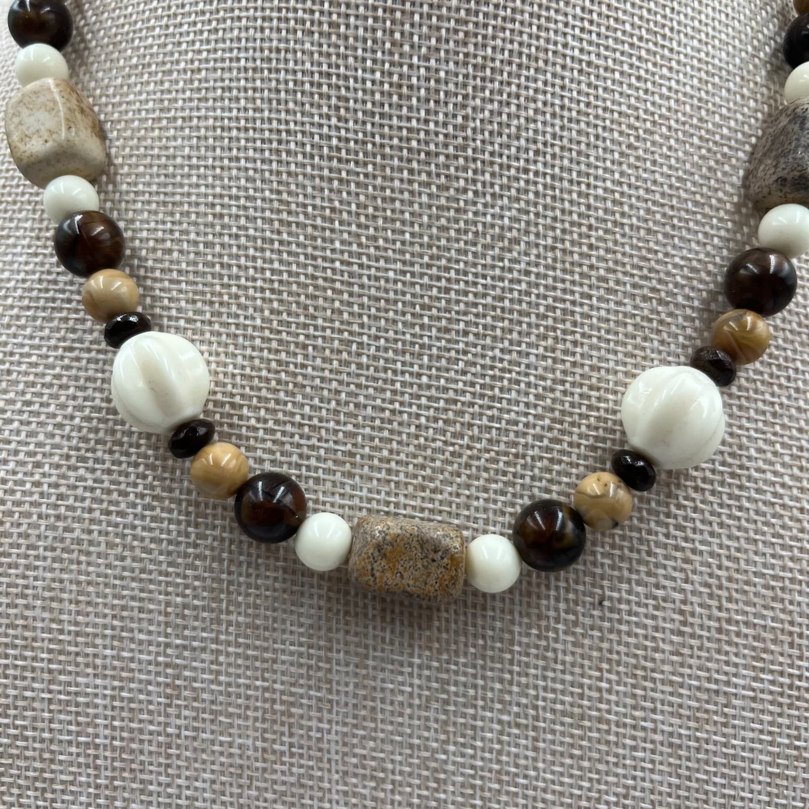 Vintage Chunky Beaded Statement Necklace Boho Earth Tone Stone Bone Tribal 24" - Thumbnail 3