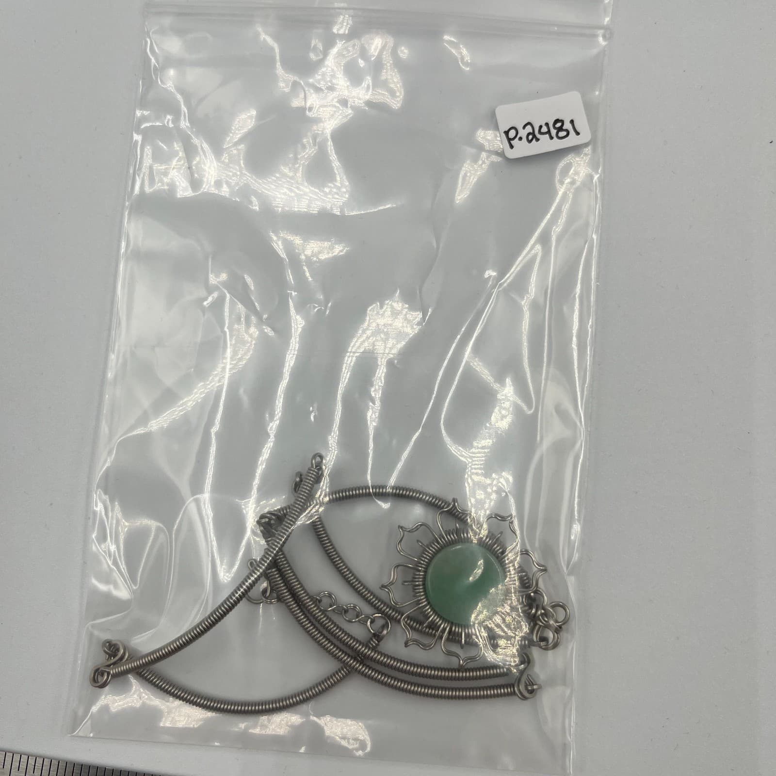 Vtg Artisan Wire Wrapped Green Stone Pendant Necklace Coiled Spring Chain MCM - Thumbnail 7