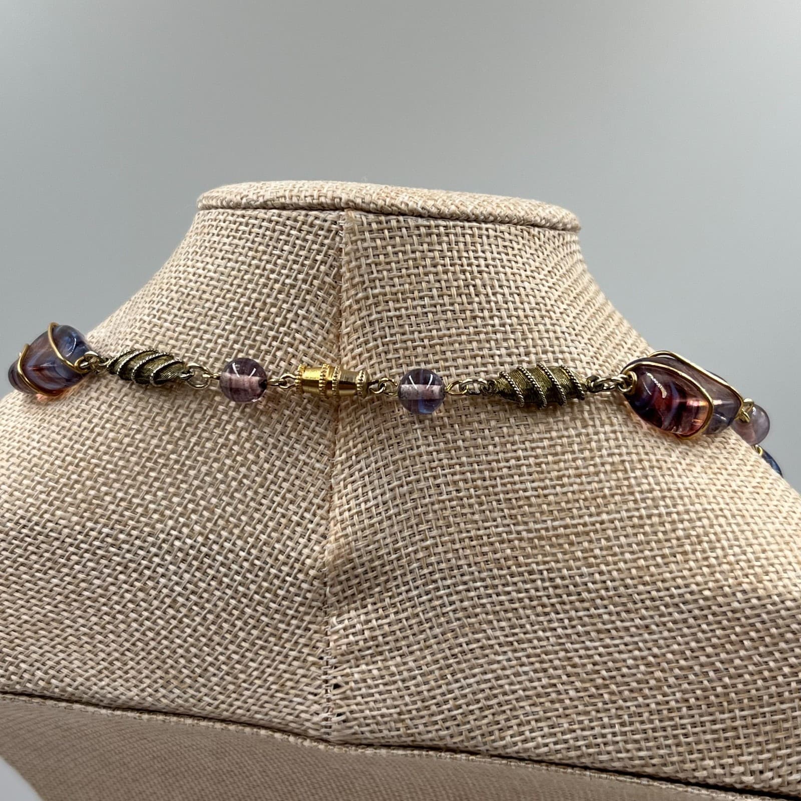 Vintage Purple Slag Glass Bead Necklace Wire Wrapped Art Deco Style Swirl 20" - Thumbnail 6