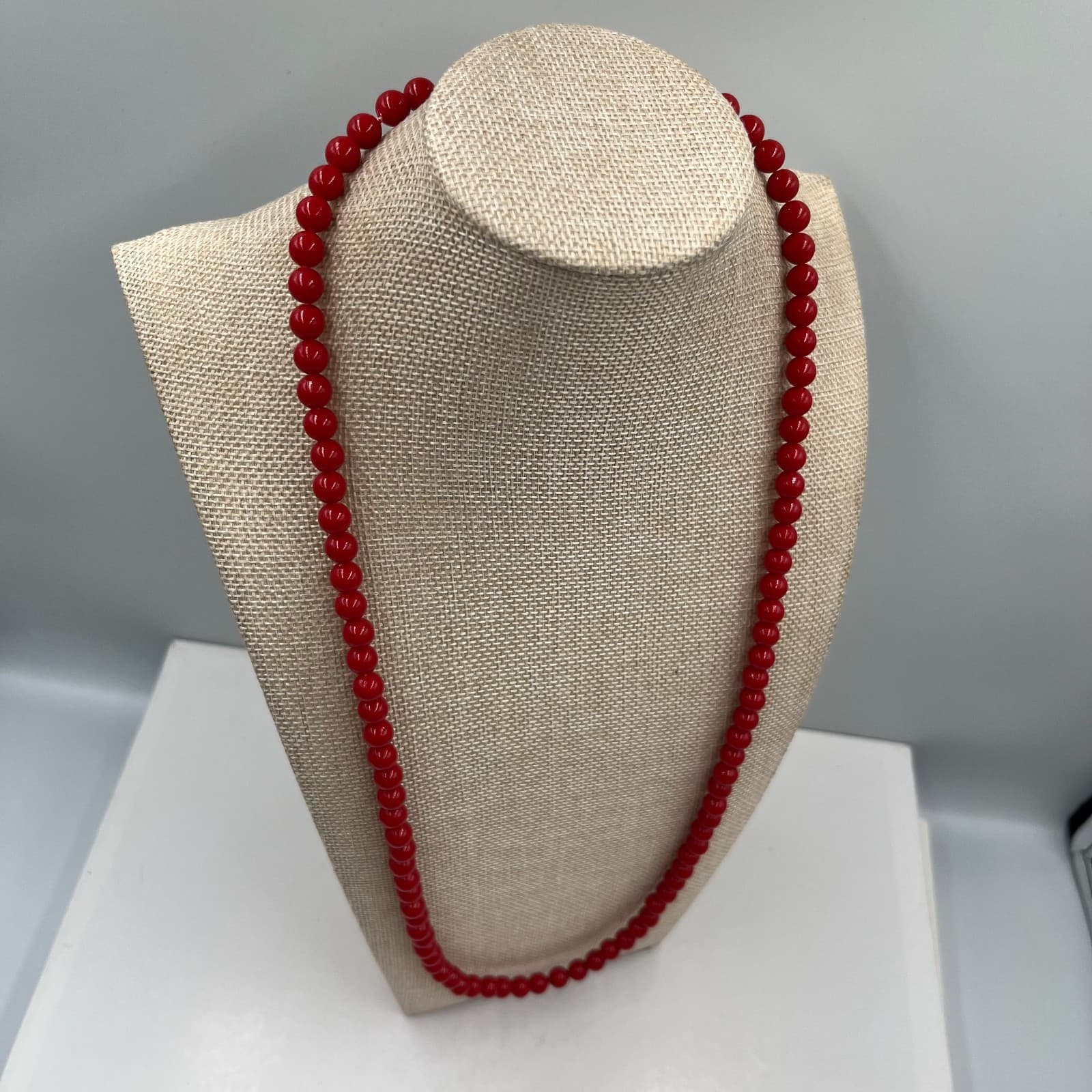 Vintage Red Bead Necklace Single Strand 30" Opera Length Bold Statement Jewelry - Thumbnail 5