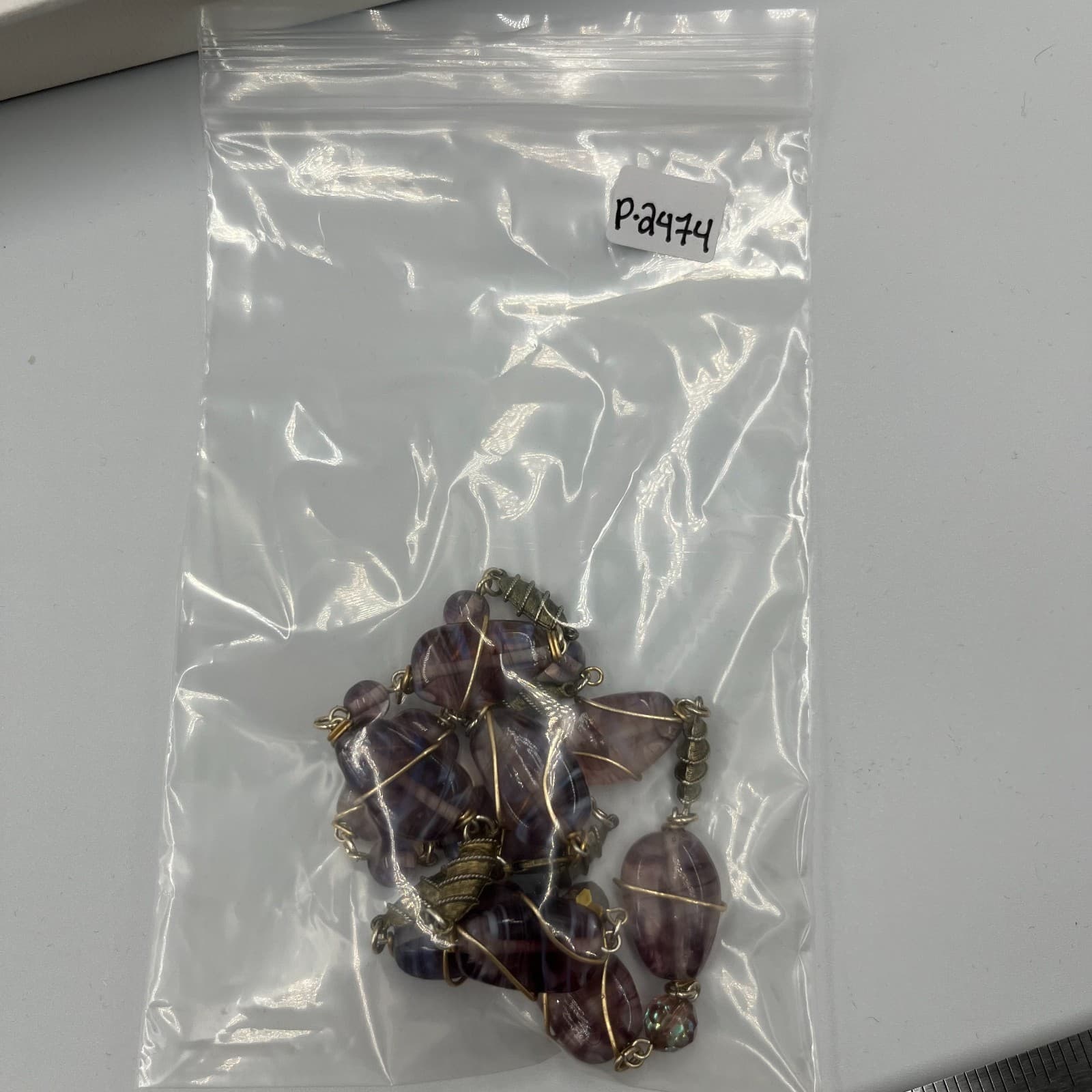 Vintage Purple Slag Glass Bead Necklace Wire Wrapped Art Deco Style Swirl 20" - Thumbnail 9