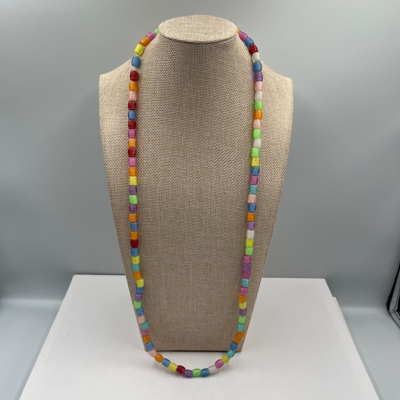 Vintage Etched Glass Bead Necklace Multi-Color Boho Tribal Barrel Beads Colorful - Image 1