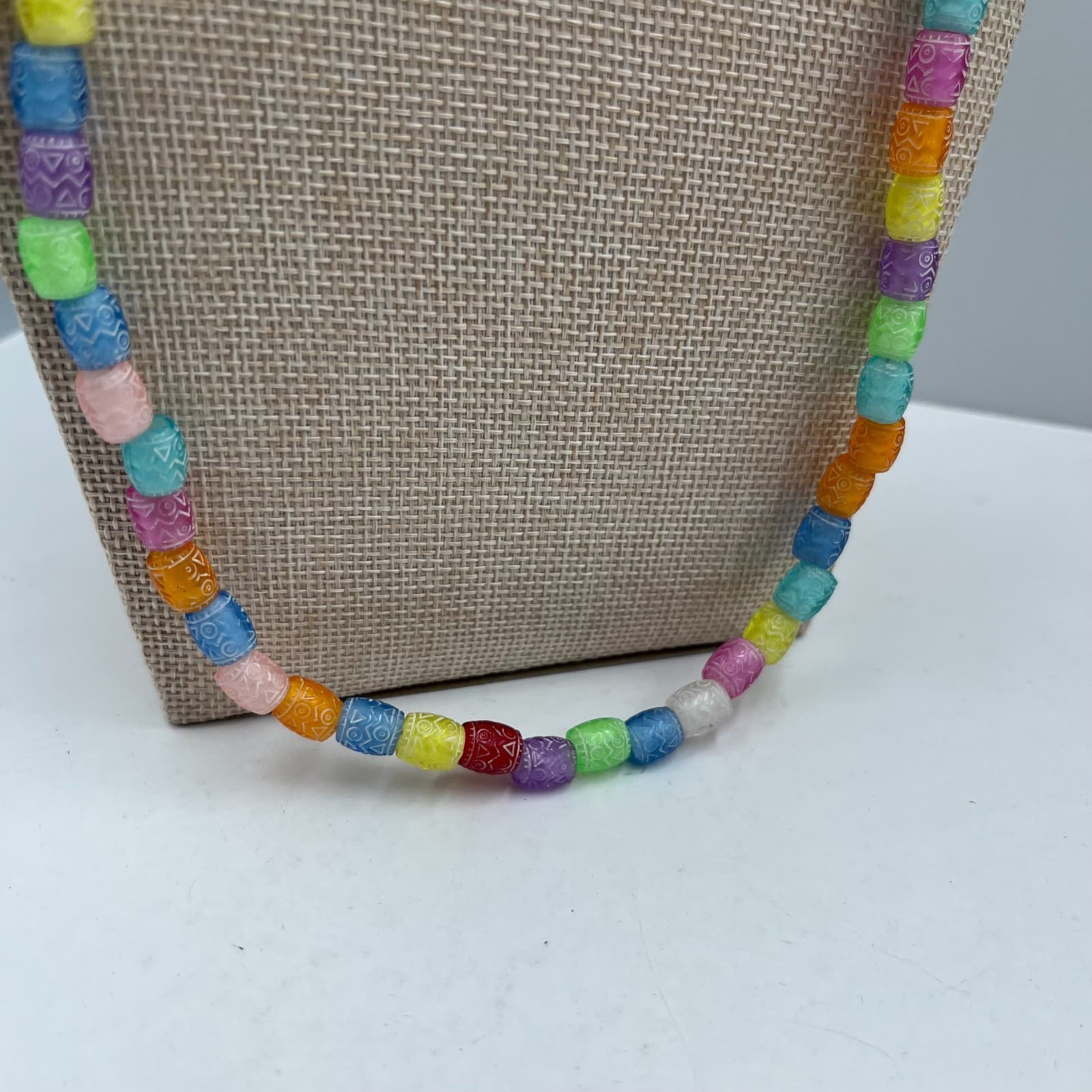Vintage Etched Glass Bead Necklace Multi-Color Boho Tribal Barrel Beads Colorful - Thumbnail 5