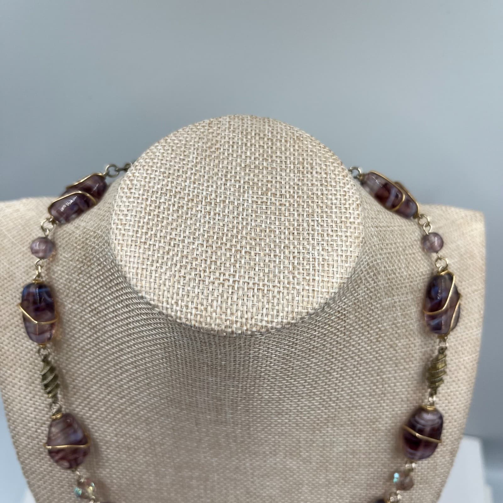 Vintage Purple Slag Glass Bead Necklace Wire Wrapped Art Deco Style Swirl 20" - Thumbnail 2
