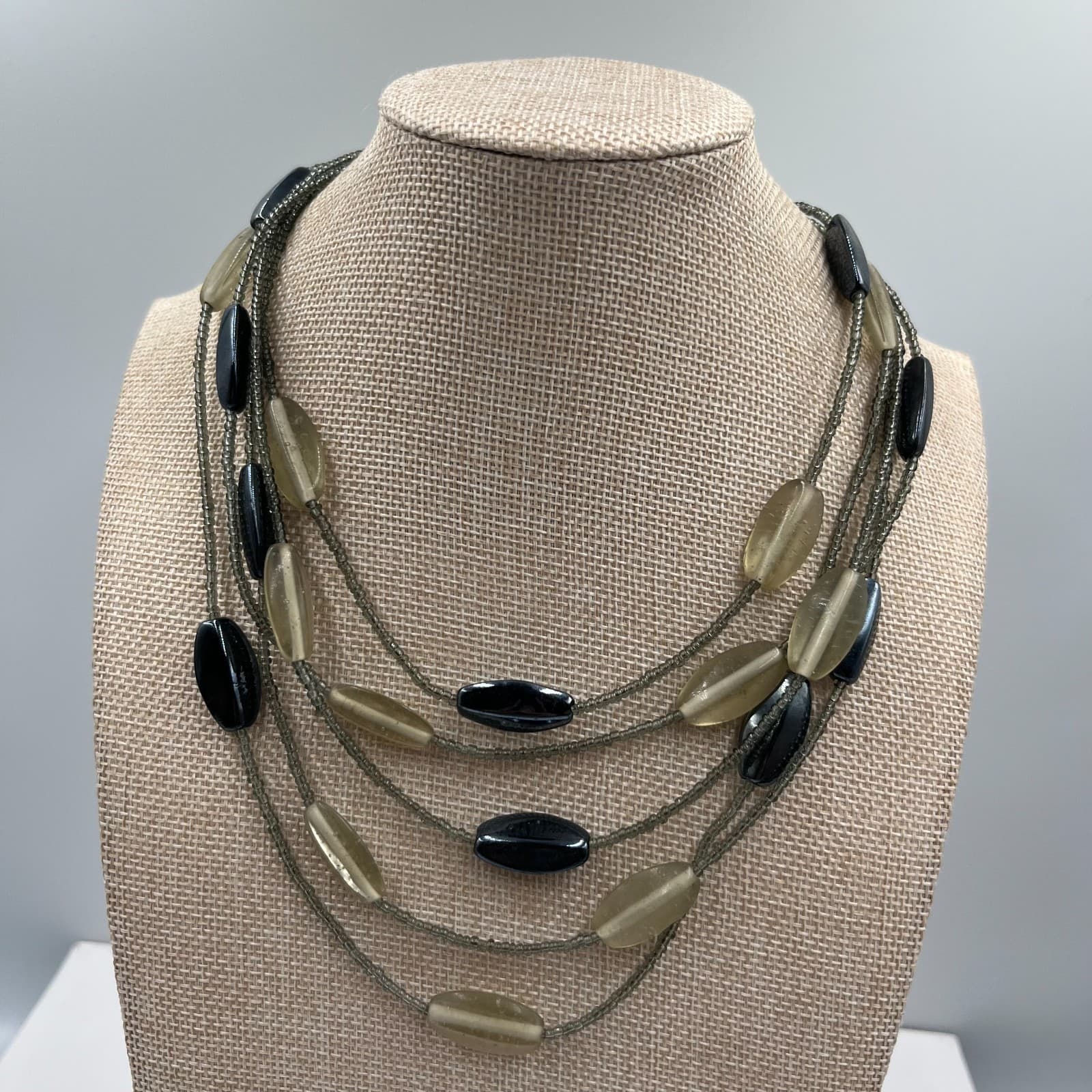 Vintage Hematite Glass Bead Multi Strand Necklace Statement Layered Grey Black - Image 1