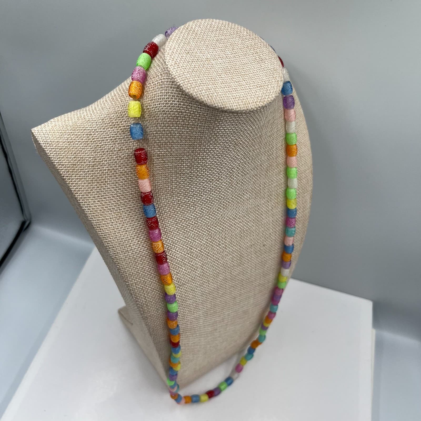 Vintage Etched Glass Bead Necklace Multi-Color Boho Tribal Barrel Beads Colorful - Thumbnail 4