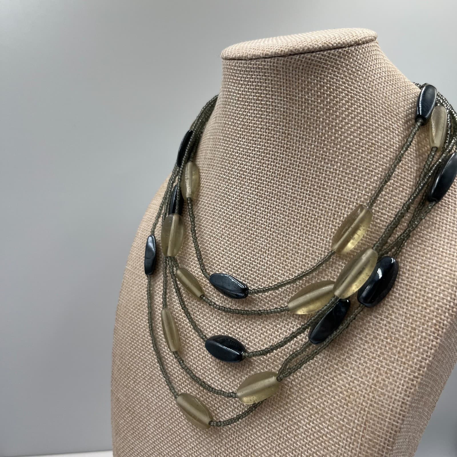 Vintage Hematite Glass Bead Multi Strand Necklace Statement Layered Grey Black - Thumbnail 5