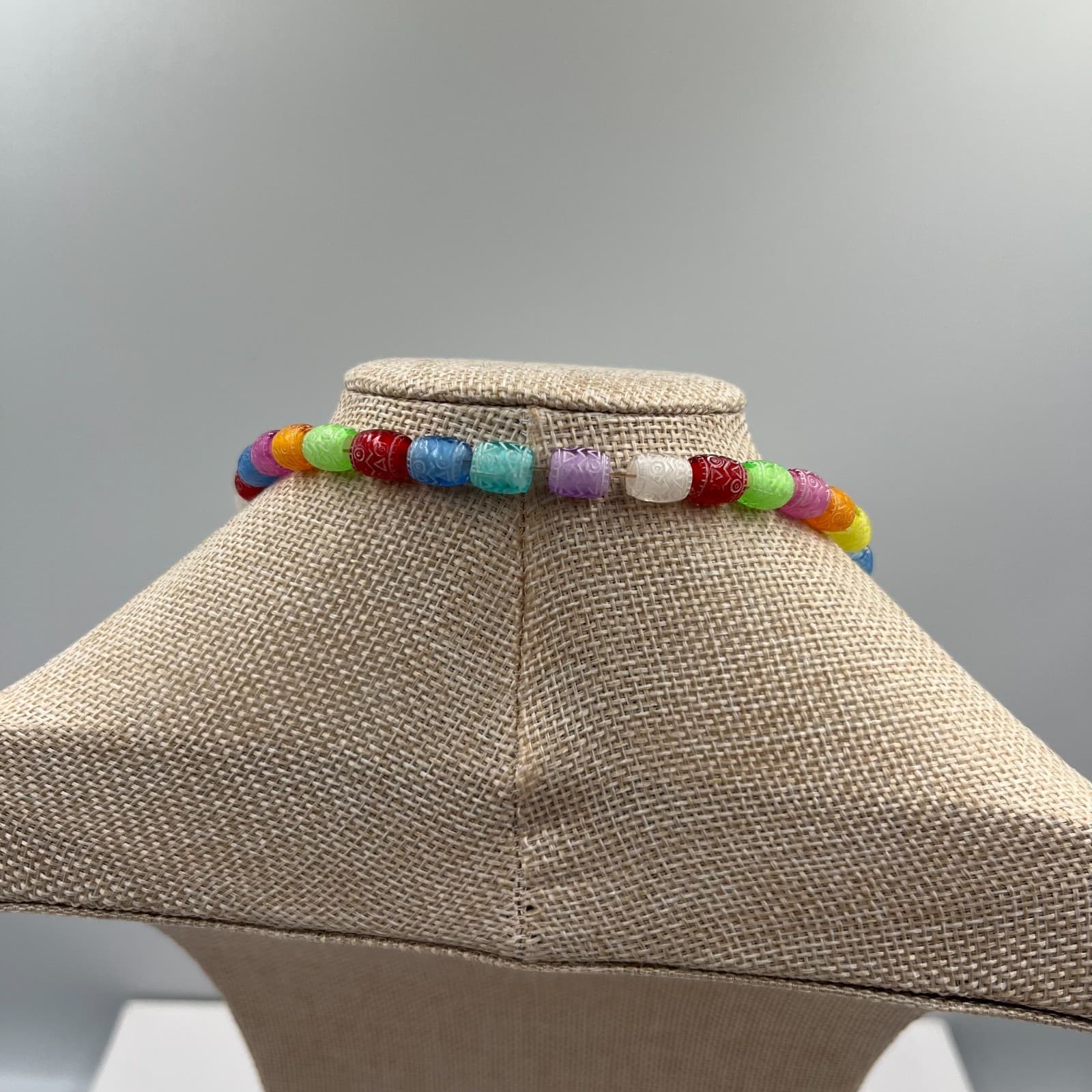 Vintage Etched Glass Bead Necklace Multi-Color Boho Tribal Barrel Beads Colorful - Thumbnail 6