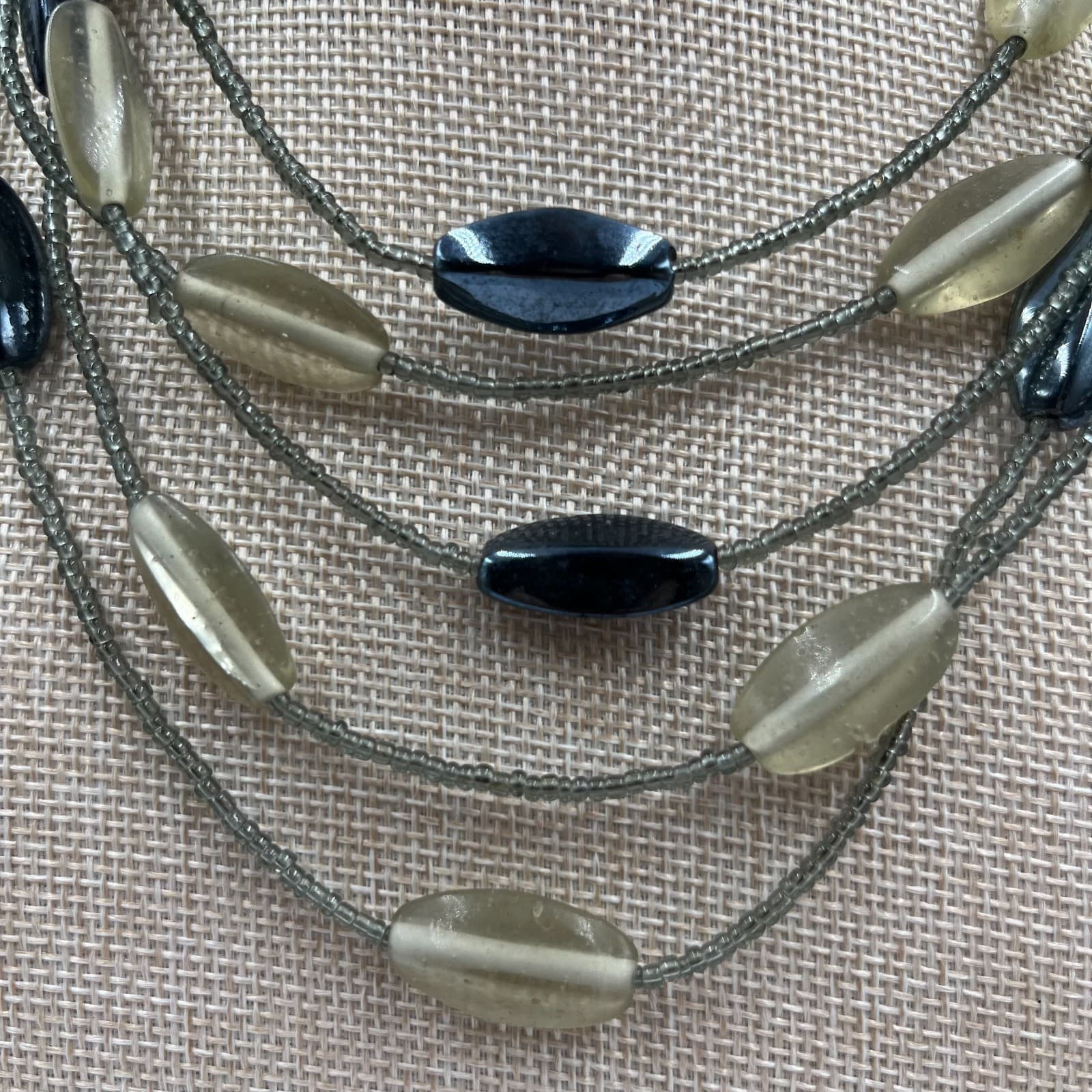 Vintage Hematite Glass Bead Multi Strand Necklace Statement Layered Grey Black - Thumbnail 3