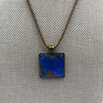Vintage Blue Abstract Square Pendant Necklace Brown Cord Bronze Tone Frame - Thumbnail 3