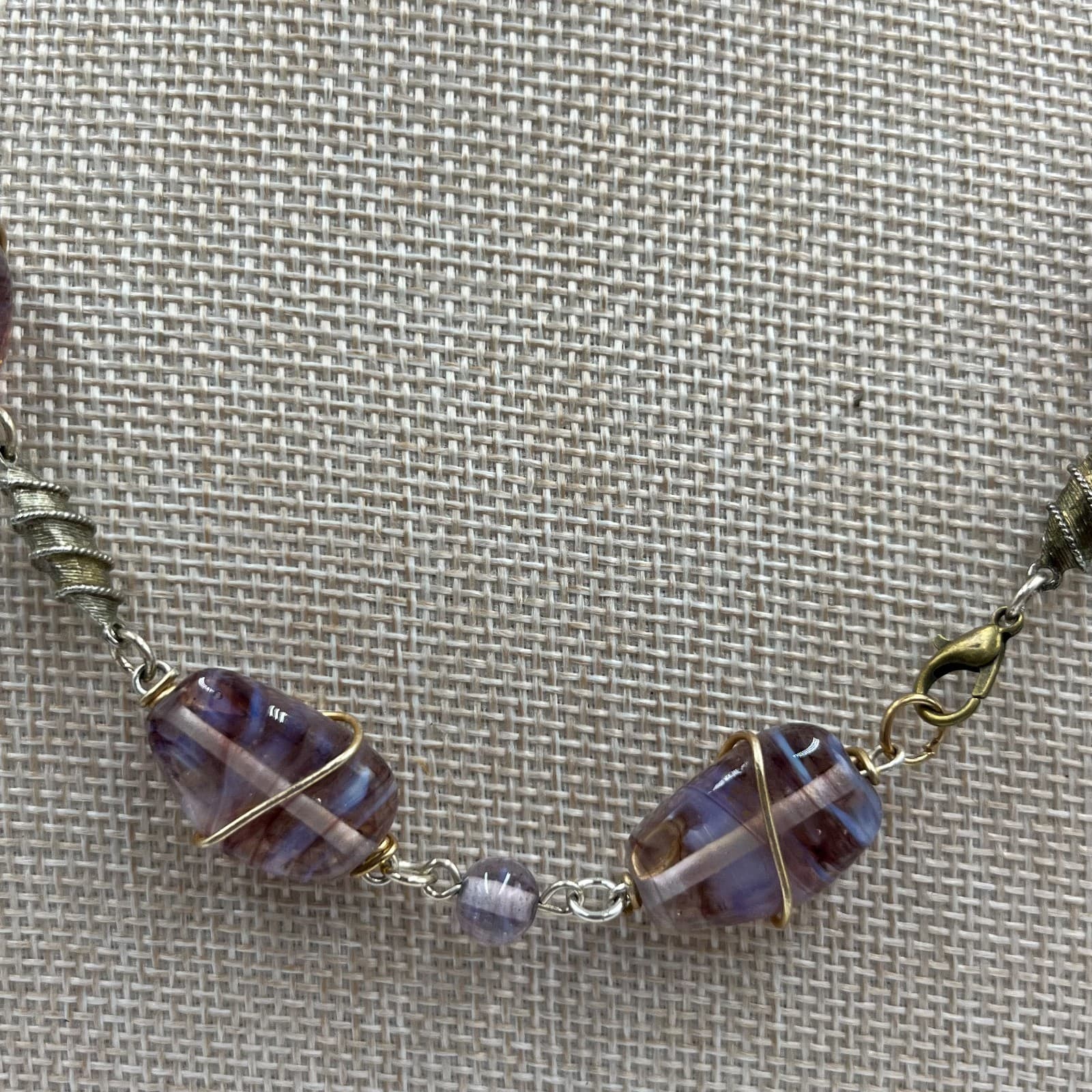 Vintage Purple Slag Glass Bead Necklace Wire Wrapped Art Deco Style Swirl 20" - Thumbnail 3