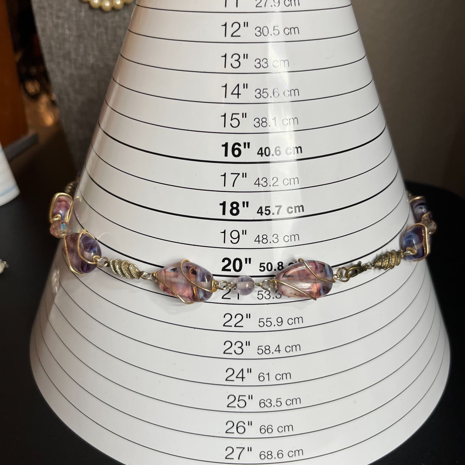 Vintage Purple Slag Glass Bead Necklace Wire Wrapped Art Deco Style Swirl 20" - Thumbnail 8