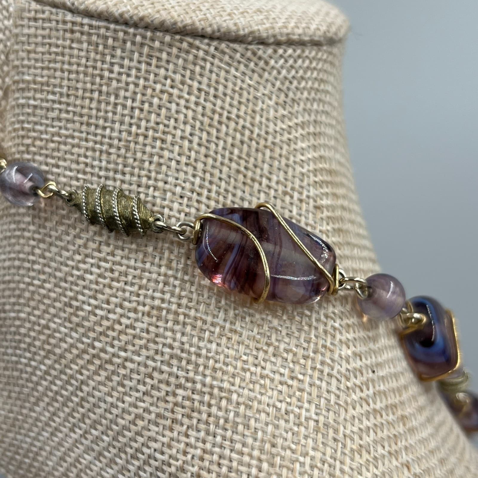 Vintage Purple Slag Glass Bead Necklace Wire Wrapped Art Deco Style Swirl 20" - Thumbnail 5