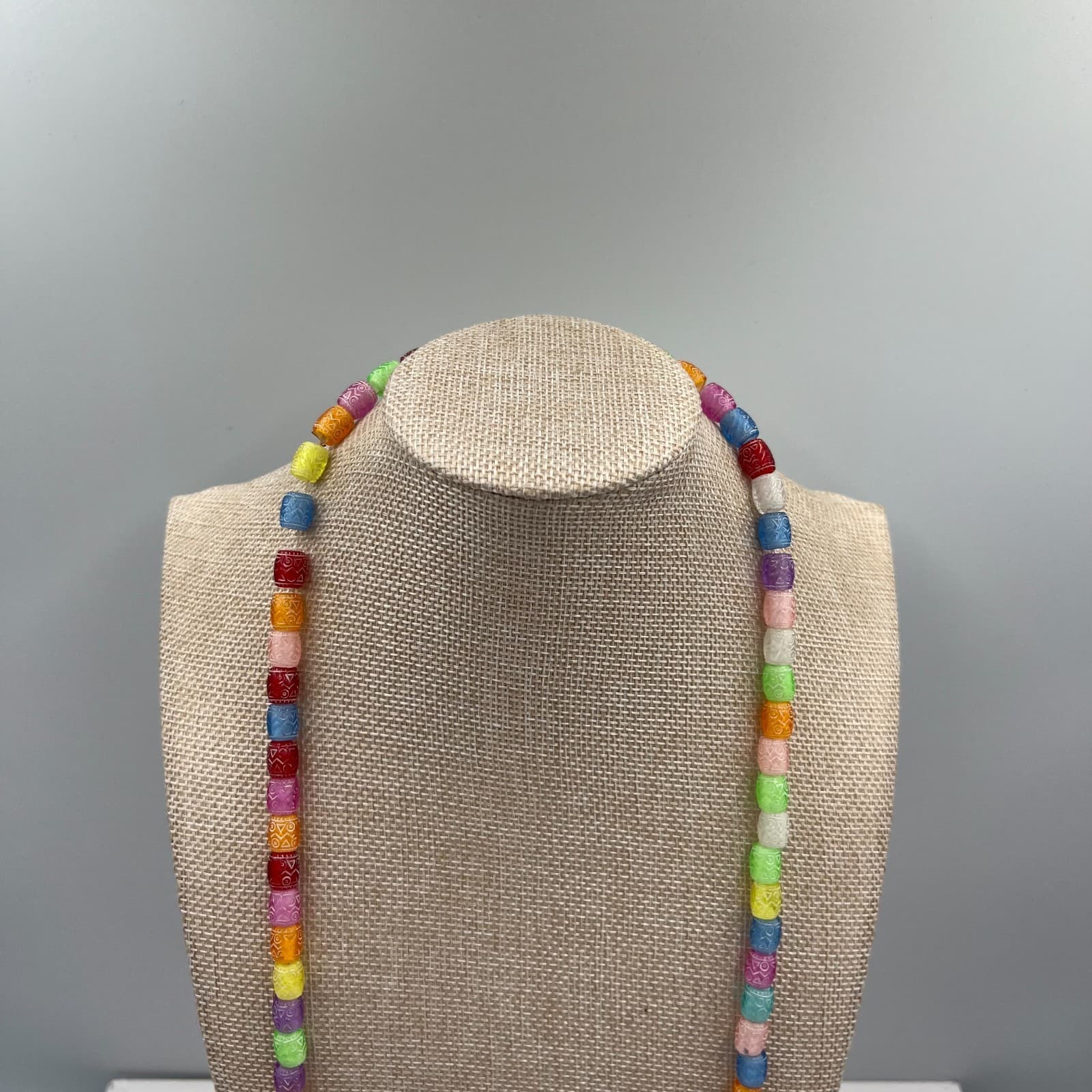 Vintage Etched Glass Bead Necklace Multi-Color Boho Tribal Barrel Beads Colorful - Thumbnail 2