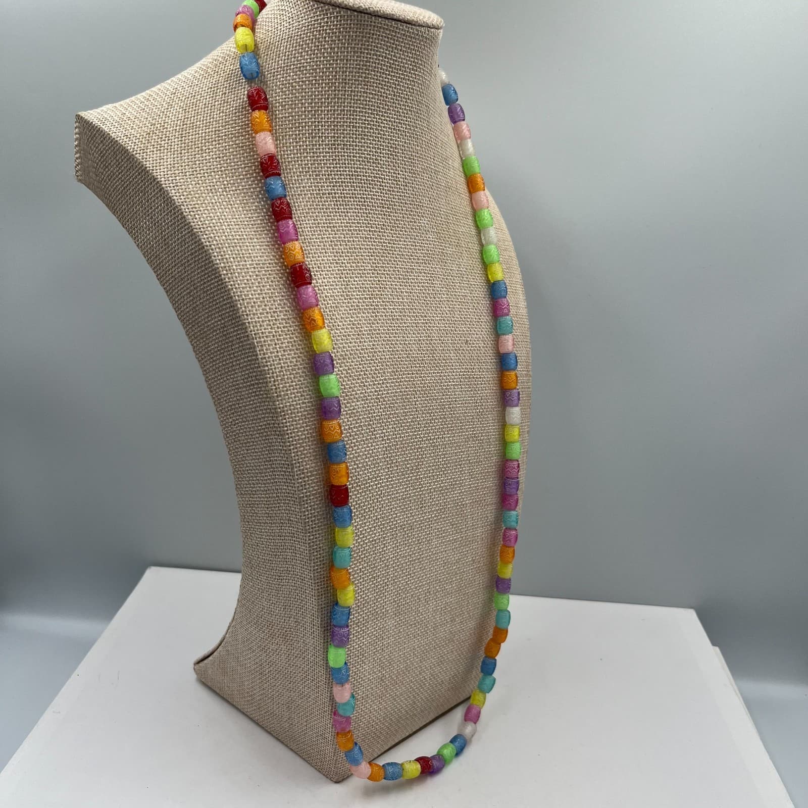 Vintage Etched Glass Bead Necklace Multi-Color Boho Tribal Barrel Beads Colorful - Thumbnail 3