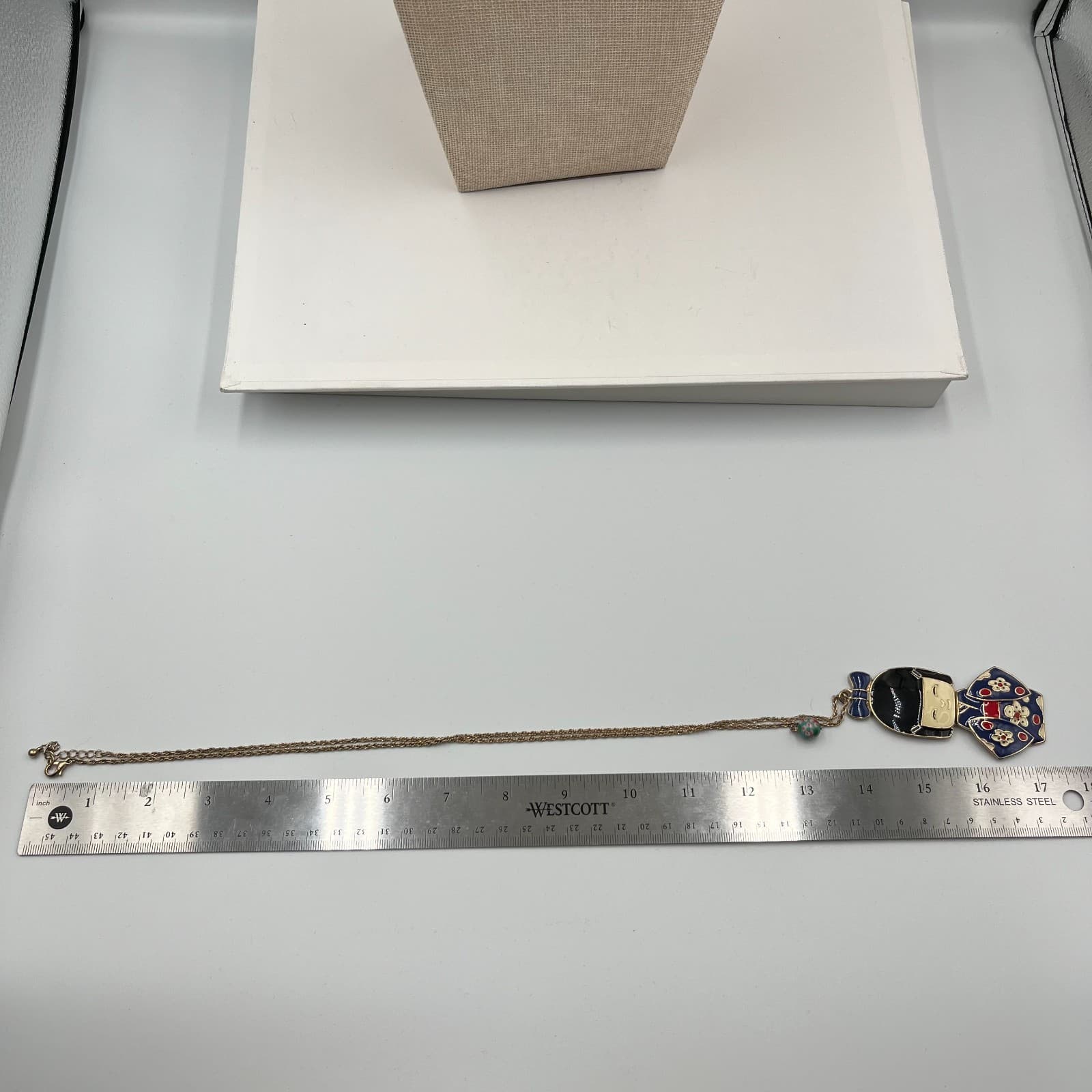 Vintage Enamel Kokeshi Doll Necklace Articulated Japanese Geisha Pendant Blue - Thumbnail 6