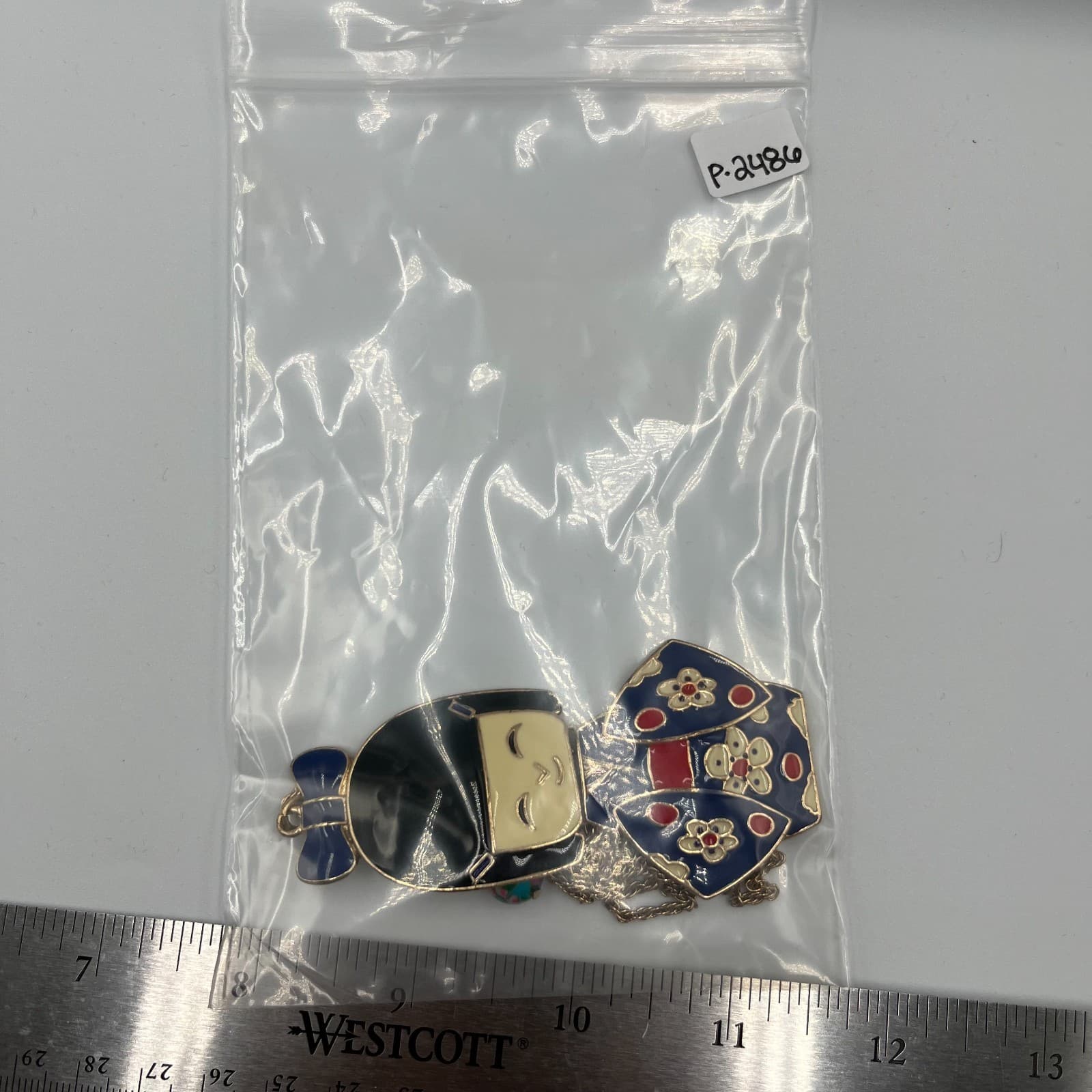 Vintage Enamel Kokeshi Doll Necklace Articulated Japanese Geisha Pendant Blue - Thumbnail 7