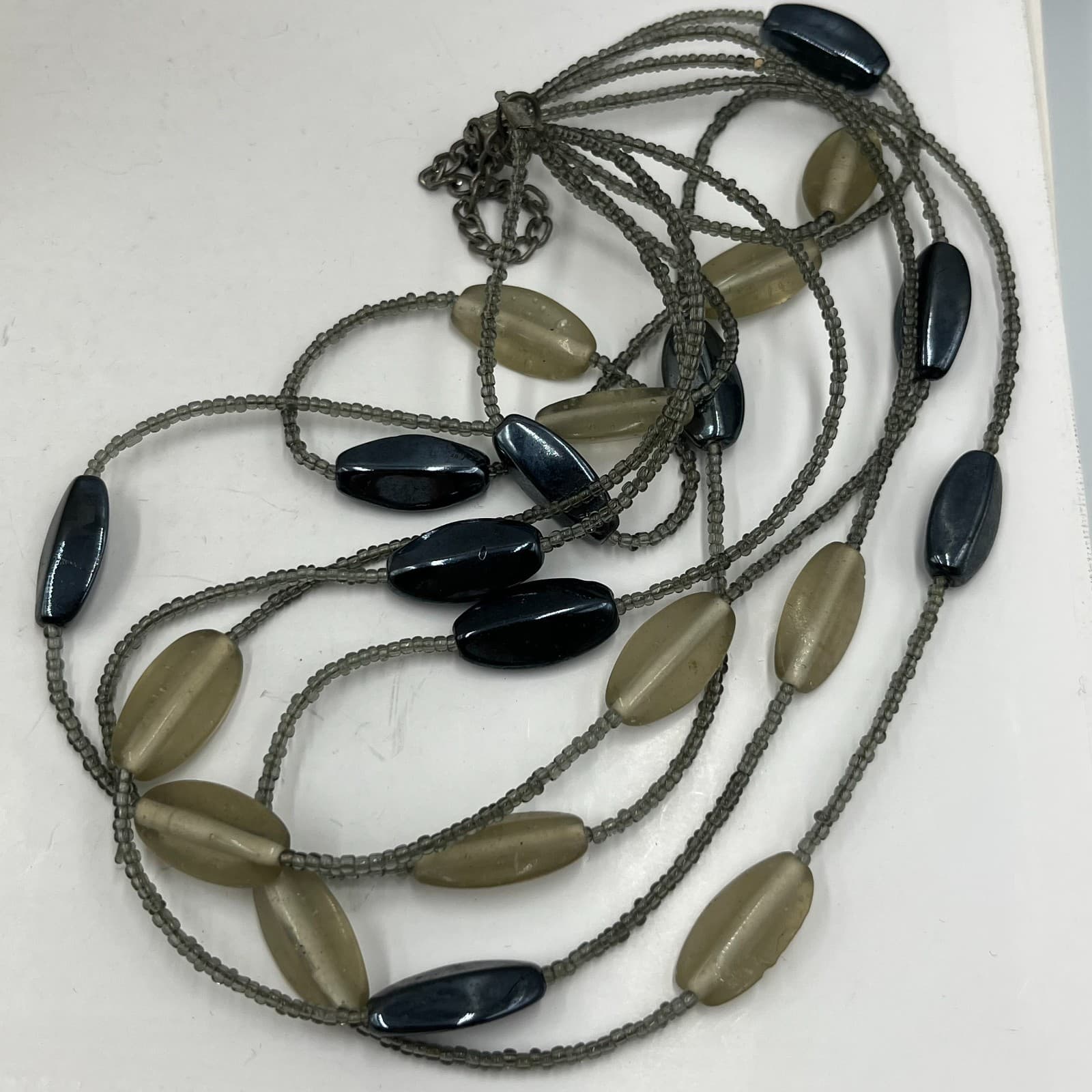 Vintage Hematite Glass Bead Multi Strand Necklace Statement Layered Grey Black - Thumbnail 8