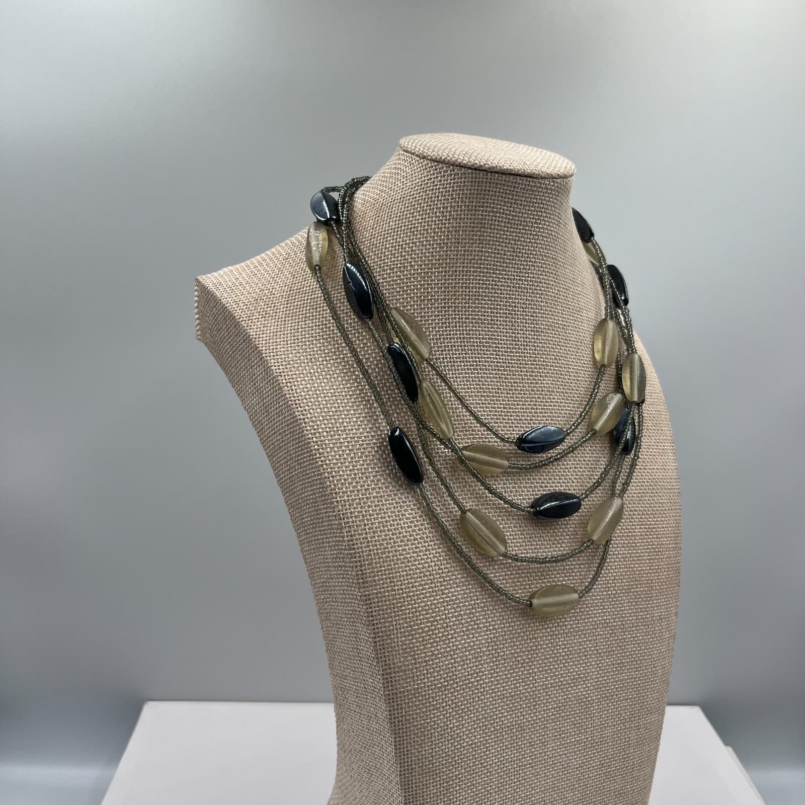 Vintage Hematite Glass Bead Multi Strand Necklace Statement Layered Grey Black - Thumbnail 4