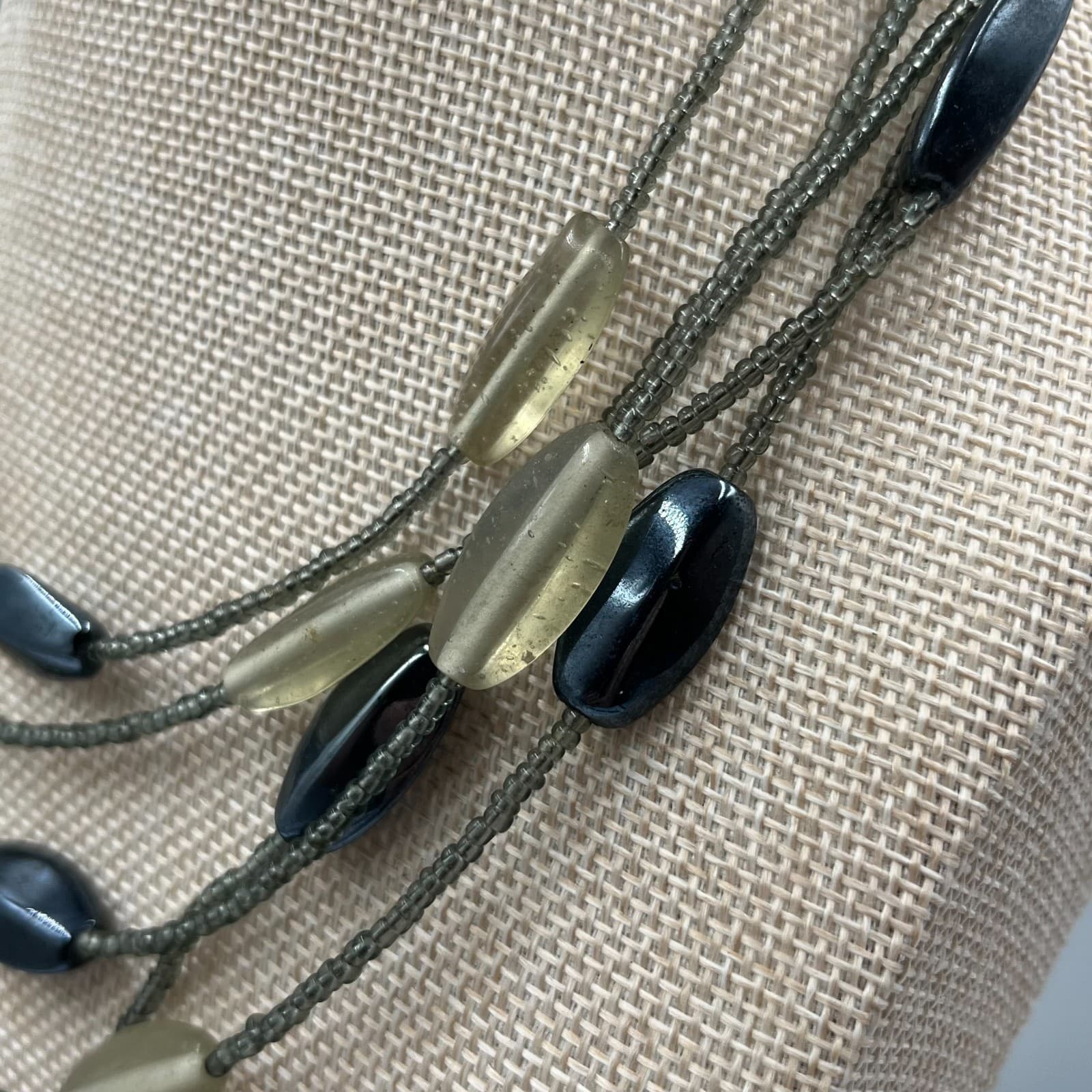 Vintage Hematite Glass Bead Multi Strand Necklace Statement Layered Grey Black - Thumbnail 6