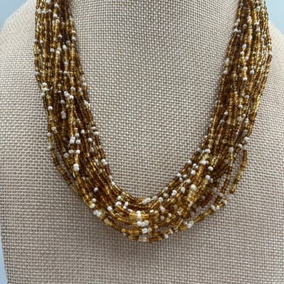 Vintage Gold & White Multi Strand Seed Bead Necklace Layered Statement Collar - Thumbnail 3