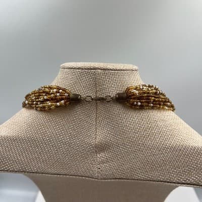Vintage Gold & White Multi Strand Seed Bead Necklace Layered Statement Collar - Thumbnail 5