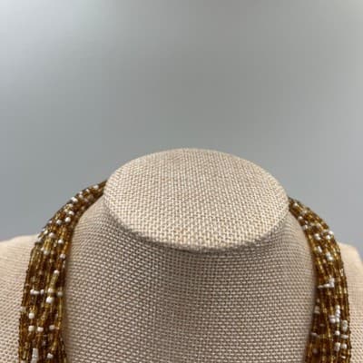 Vintage Gold & White Multi Strand Seed Bead Necklace Layered Statement Collar - Thumbnail 2