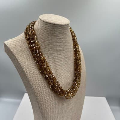 Vintage Gold & White Multi Strand Seed Bead Necklace Layered Statement Collar - Thumbnail 4