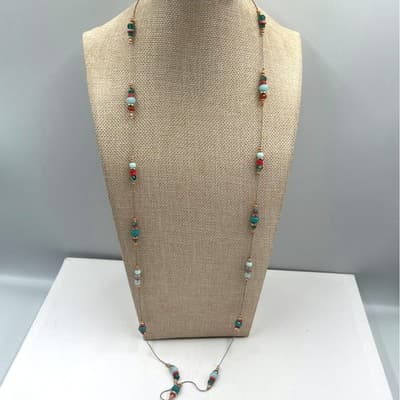 VTG Long Beaded Station Necklace Teal Red Multicolor Chain Layered Minimal Boho - Image 1