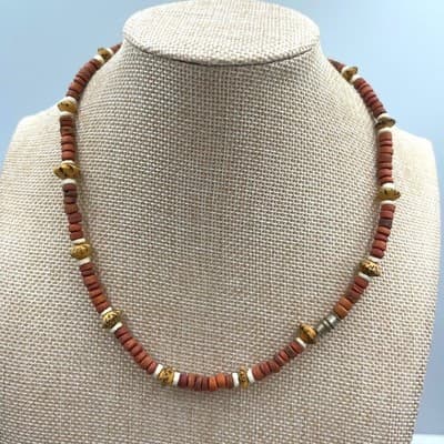 Vintage Earth Tone Beaded Necklace Brown Disc Beads Speckled Accent Boho Style - Image 1