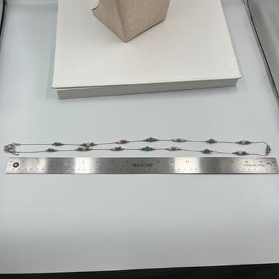 VTG Long Beaded Station Necklace Teal Red Multicolor Chain Layered Minimal Boho - Thumbnail 5