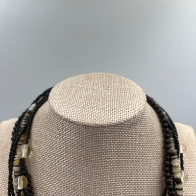 VTG Multi Strand Black Beaded Necklace Layered Shell Glass Mixed Media Statement - Thumbnail 2