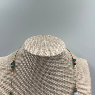 VTG Long Beaded Station Necklace Teal Red Multicolor Chain Layered Minimal Boho - Thumbnail 2
