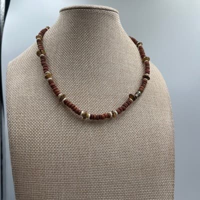 Vintage Earth Tone Beaded Necklace Brown Disc Beads Speckled Accent Boho Style - Thumbnail 6