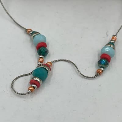 VTG Long Beaded Station Necklace Teal Red Multicolor Chain Layered Minimal Boho - Thumbnail 3