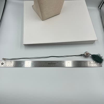 VTG Green Cord Porcelain Bead Necklace Butterfly Painted Ball Tassel Pendant - Thumbnail 9