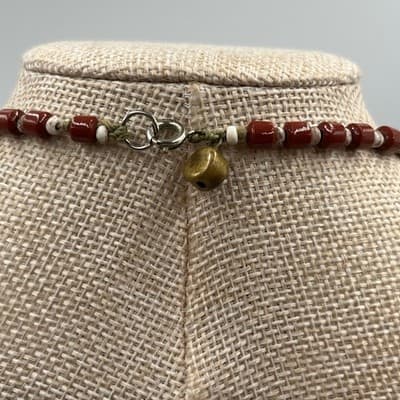 Vintage Rust Red Beaded Necklace Silver Tone Accents Large Center Bead Boho - Thumbnail 8