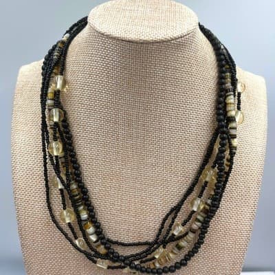 VTG Multi Strand Black Beaded Necklace Layered Shell Glass Mixed Media Statement - Image 1