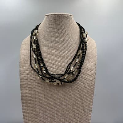 VTG Multi Strand Black Beaded Necklace Layered Shell Glass Mixed Media Statement - Thumbnail 4