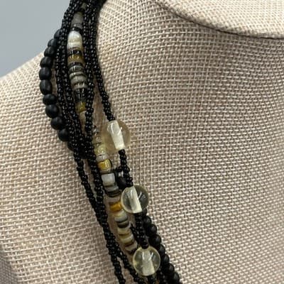 VTG Multi Strand Black Beaded Necklace Layered Shell Glass Mixed Media Statement - Thumbnail 6