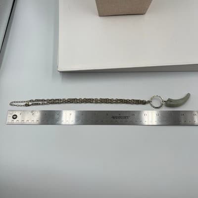 Vintage Gold Tone Chain Necklace Green Horn Pendant Hammered Ring Boho Statement - Thumbnail 9