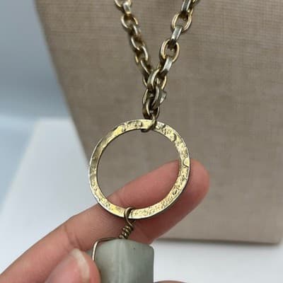 Vintage Gold Tone Chain Necklace Green Horn Pendant Hammered Ring Boho Statement - Thumbnail 6