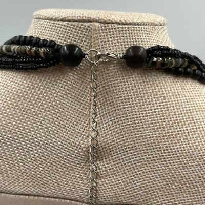 VTG Multi Strand Black Beaded Necklace Layered Shell Glass Mixed Media Statement - Thumbnail 7