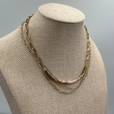Vintage Gold Tone Layered Chain Necklace Beaded Bar Accent Minimalist Boho Style - Thumbnail 4