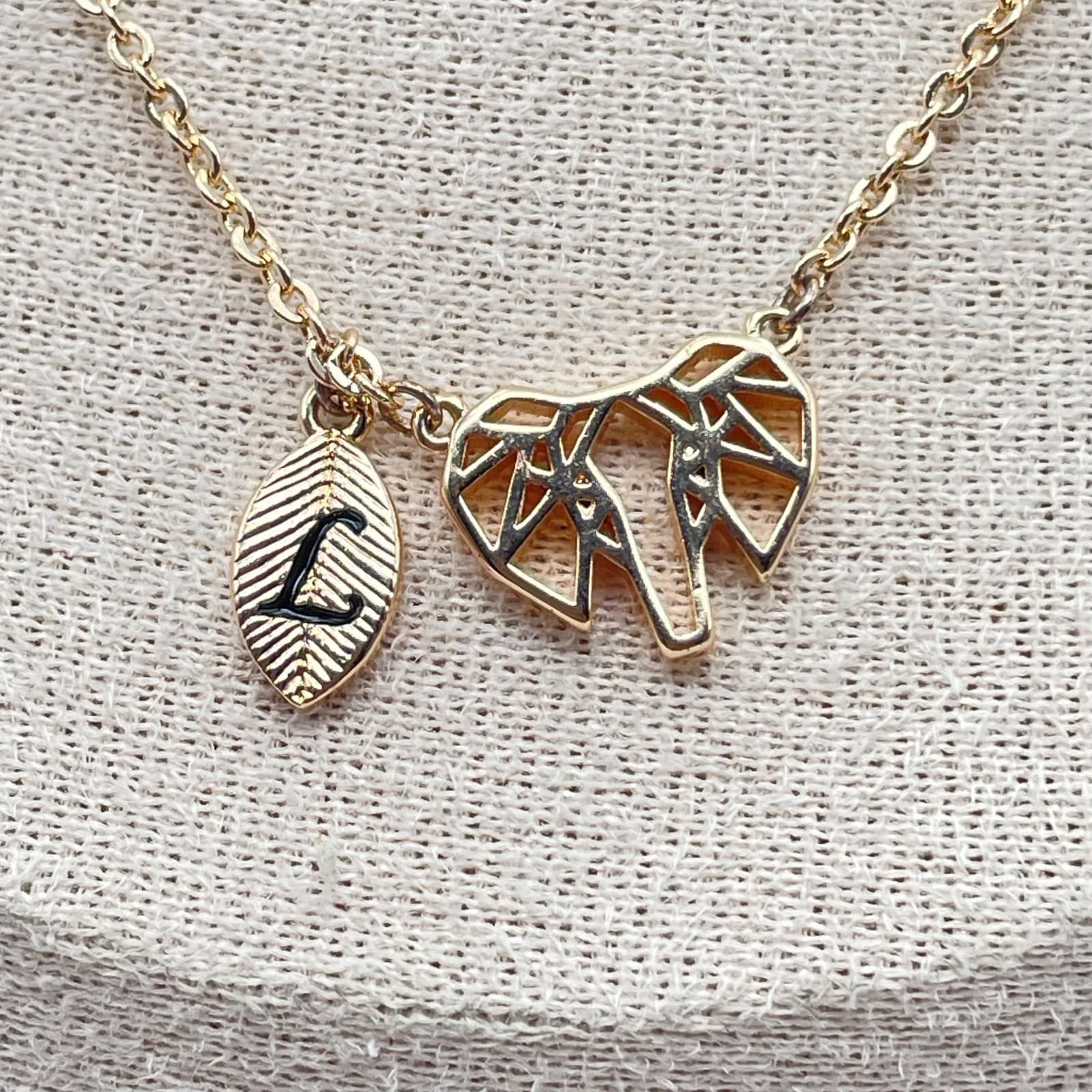 Gold-Tone Rolo Link Chain Origami Elephant Charm Leaf L Initial Pendant Necklace - Thumbnail 4