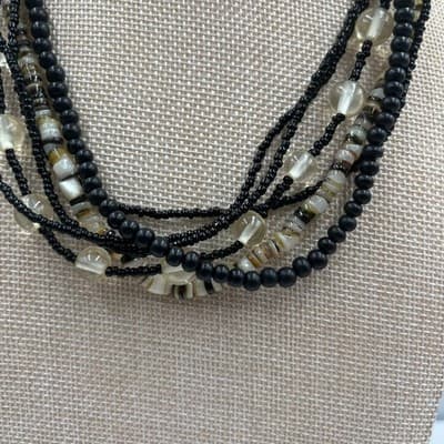 VTG Multi Strand Black Beaded Necklace Layered Shell Glass Mixed Media Statement - Thumbnail 3