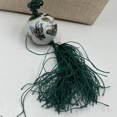 VTG Green Cord Porcelain Bead Necklace Butterfly Painted Ball Tassel Pendant - Thumbnail 3