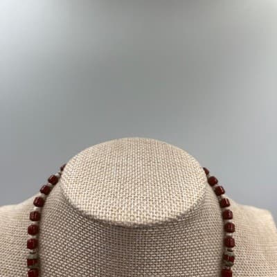 Vintage Rust Red Beaded Necklace Silver Tone Accents Large Center Bead Boho - Thumbnail 2